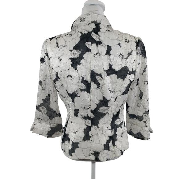 ALEX EVENINGS! WHITE W/BLACK SHEER CHIFFON FLORAL MOTIF BLOUSE, TOP! SZ M - Picture 6 of 9
